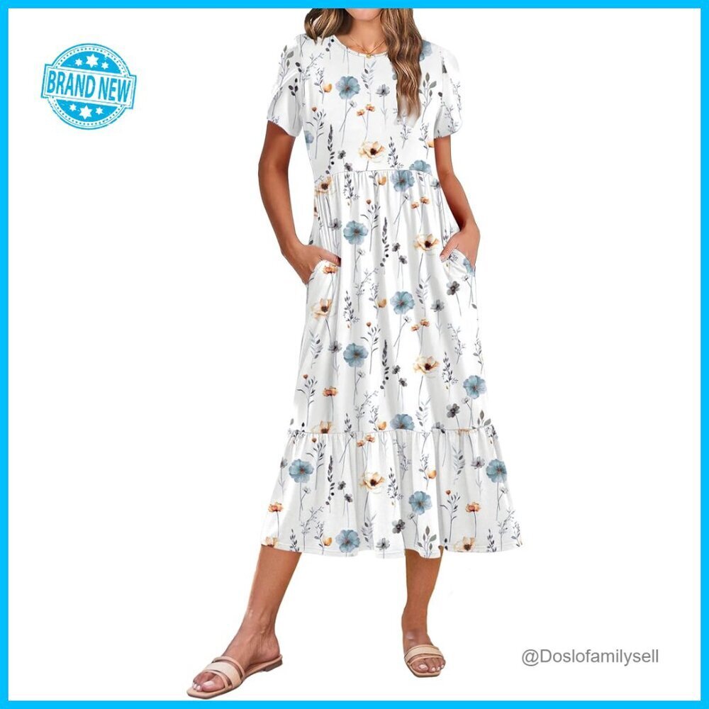 Summer Midi A Line Dress Casual Flowy Tiered Beach Sundress with Pockets